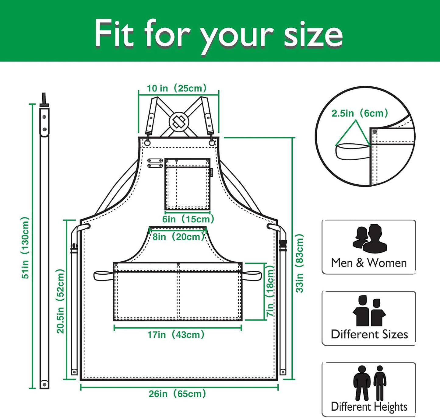 5 Pack Kitchen Apron, Work Apron, Canvas, Multiple Pockets, Gardening, Painting, BBQ, Artist, Carpenter, Sizes M to XXL, Green