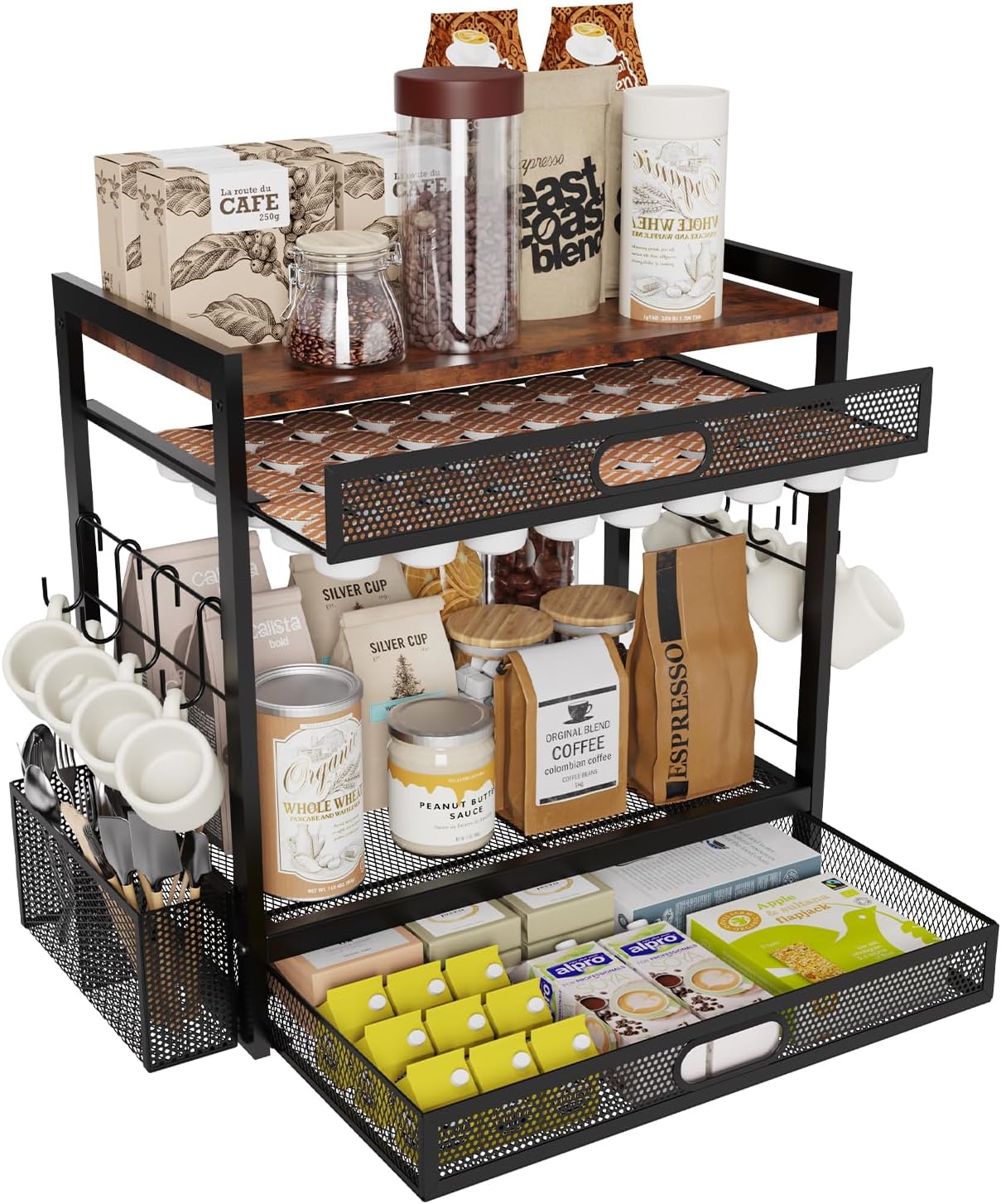 Coffee Bar Organizer Station with CoffeePod Drawer Mug Cup Holder and Tea Condiment Storage Kitchen Countertop Organizer CoffeeBar Accessories for Kitchen,Home,Office