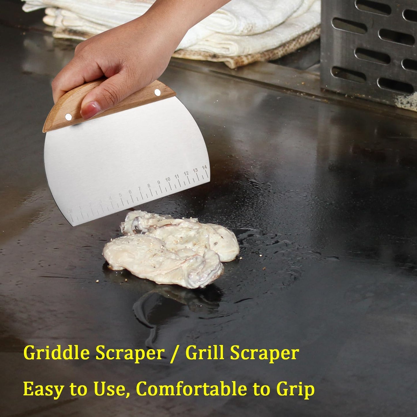 Kichwit 304 Stainless Steel Grill Scraper with Wood Handle, Pizza Dough Cutter, Multi-Purpose Scraper for Cooking, Scraper Tool Kitchen, 1 Pack