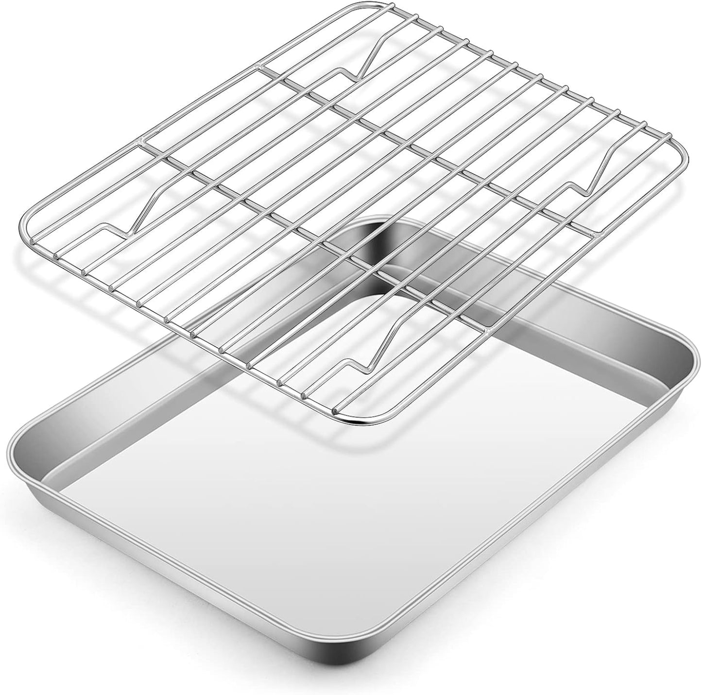 Metal Toaster Oven Tray Set, E-far 10.5”x8.3” Small Stainless Steel Baking Pan with Wire Rack for Cooking Broiling, Rimmed Metal Sheet for Roasting Cooling Cookie Bacon Steak
