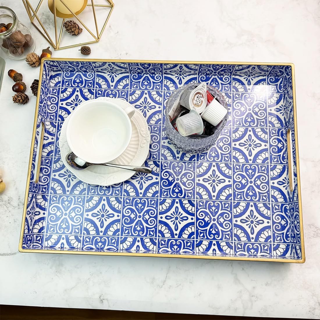 Serving Tray with Handles, Rectangular Decorative Trays for Coffee Table, Plastic Ottoman Tray for Living Room, Decor, Boho Blue, 15.7”*11.8”*1.6"