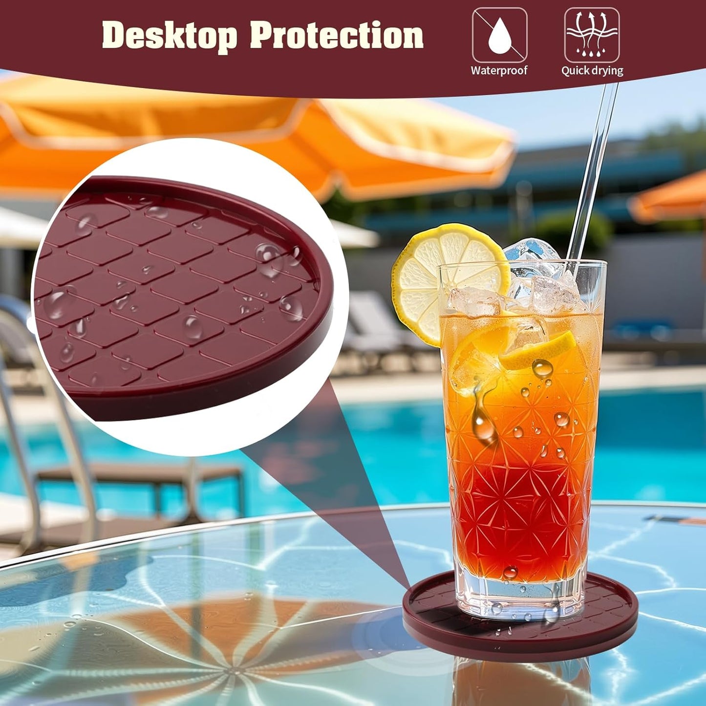 Coasters Set of 8,Hot or Cold Drink Coasters with Holder,Modern Style Coffee Table Coaster,Suitable for Kinds Cups Beer,Drink,Anti-Overflow Tabletop Protection(Wine red, 8pcs)