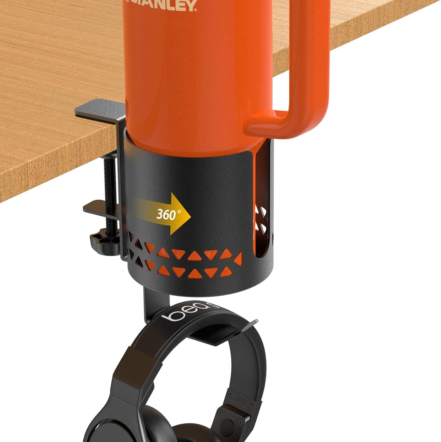 Desk Cup Holder Metal & Headphone Hanger 360° Rotating PC Gaming Desk Accessories Anti-Spill Table Cup Holder Clamp on Chair for Coffee Mugs Stanley YETI Bottles Pencil Holder