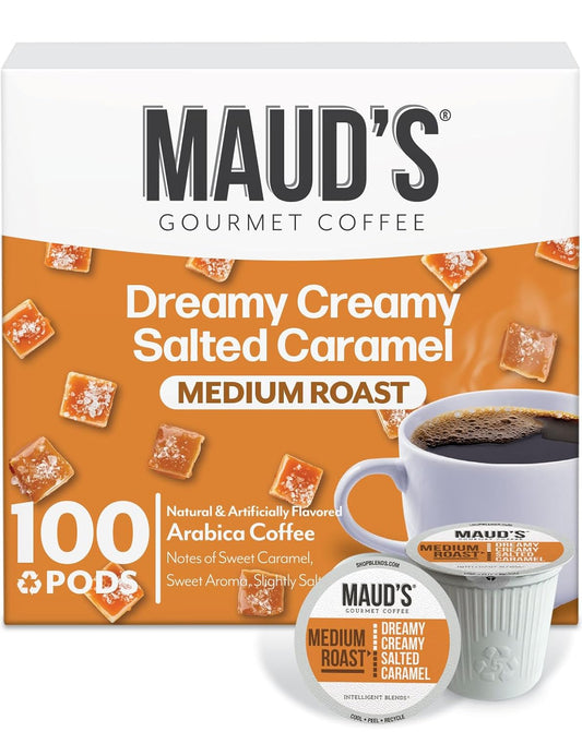 Maud's Salted Caramel Flavored Coffee Pods, 100 ct, Medium Roast Flavored Coffee in Recyclable Single Serve Pods – 100% Arabica Beans, Compatible with Keurig K Cups Maker