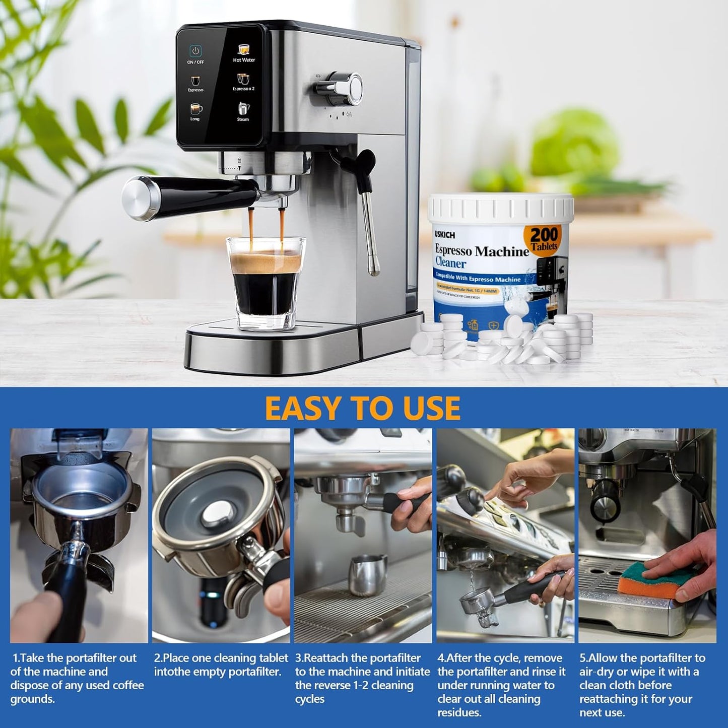 Espresso Machine Cleaning Tablets Descaling -200 Tablets, Compatible with Breville Barista Express, Gaggia, Delonghi, Jura, Philips - Universal Coffee Machine Cleaner Solution for Espresso Machines