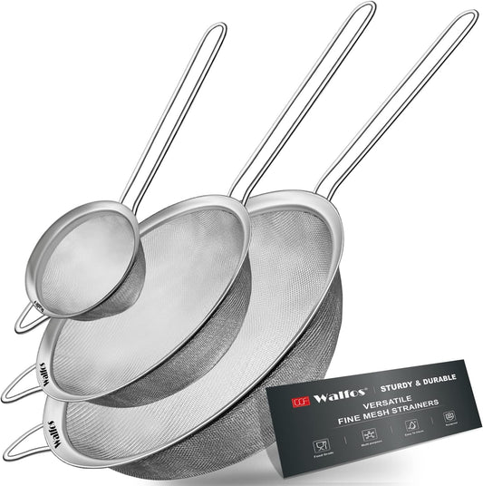 Walfos Fine Mesh Strainer Set of 3, Stainless Steel Wire Strainers for Kitchen, Multipurpose Metal Fine Sieve with Handle, Perfect for Food, Rice, Quinoa, 3", 5", 7"