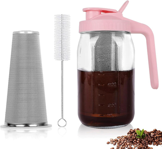 Cold Brew Coffee Maker,32 oz Mason Jar Pitcher with Stainless Steel Filter, Pour Spout Handle Lid, Heavy Duty Glass Airtight & Leak-Proof Pitcher for iced coffee Tea Lemonade-Pink
