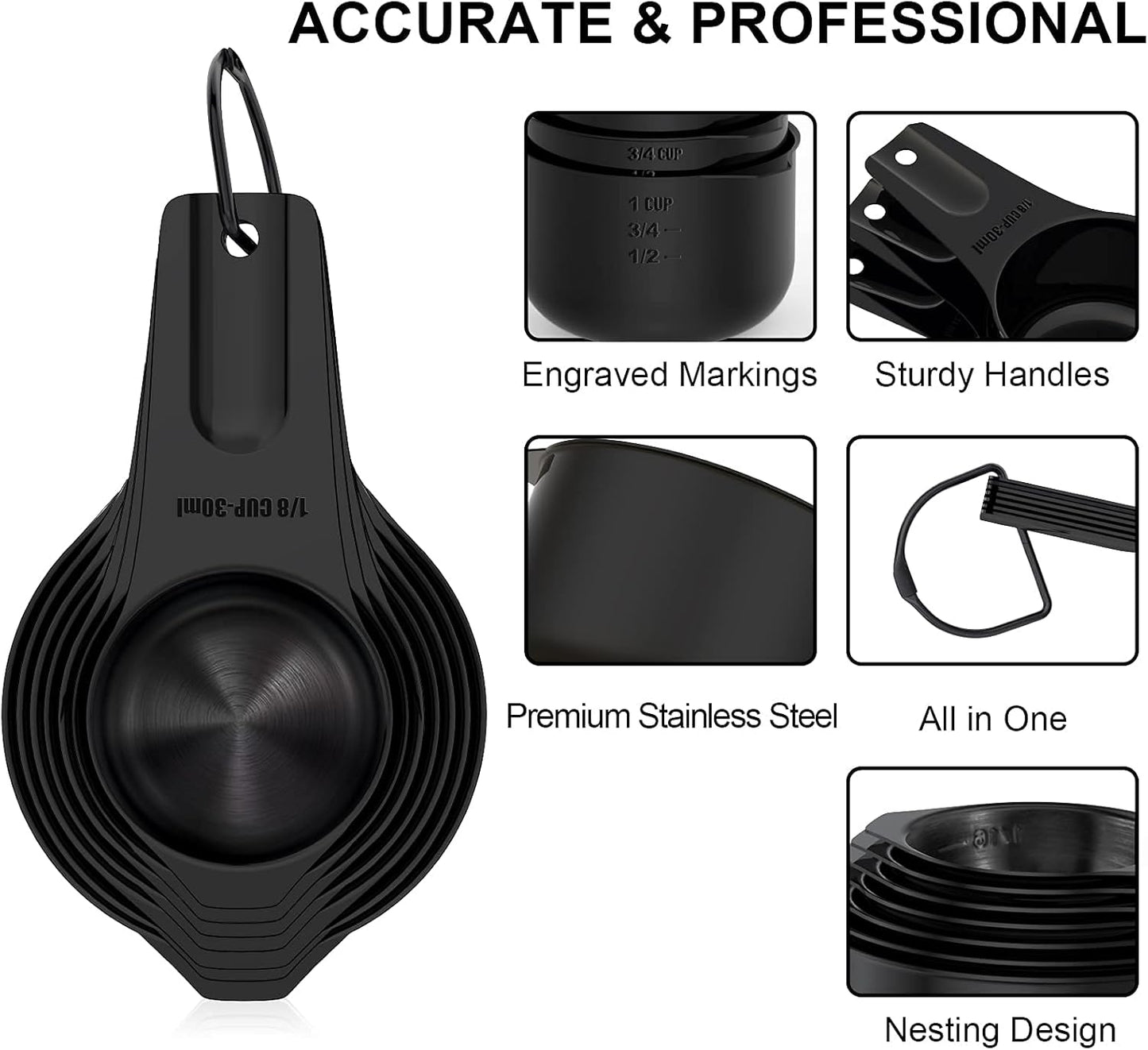 21 Pcs Stainless Steel Measuring Cups and Spoons Set, Wildone Stackable Metal Measuring Cups and Spoons for Cooking & Baking, Includes 7 Cups, 9 Spoons and 5 Mini Spoons（Black）