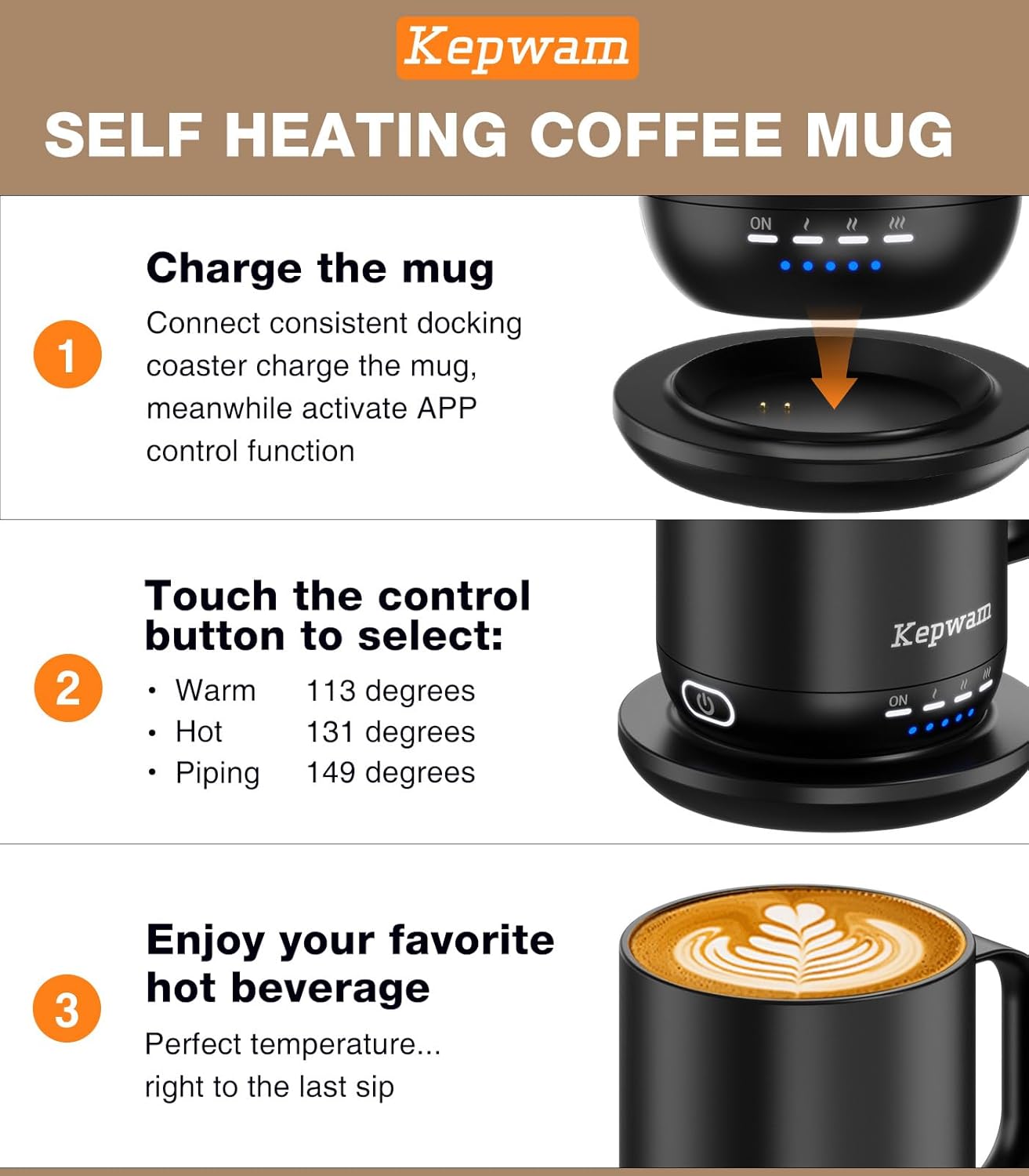 Self Heating Coffee Mug T1-16oz Fast Heating & Ultra Long-Lasting Battery Life, Heated Coffee Mug Up to 149℉ - Touch & App Controlled Coffee Mug, Birthday Gifts for Women and Men