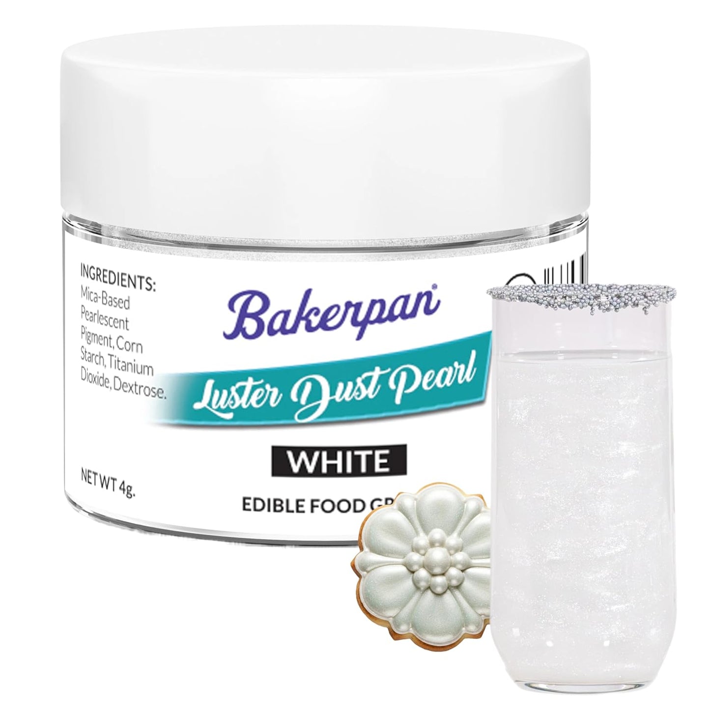 Bakerpan Pearl Luster Dust Edible, White Edible Glitter for Cocktails, 4 Grams Edible Glitter for Cake Decorating, Cookies, Chocolates and Candies, Drinks (Made in USA)