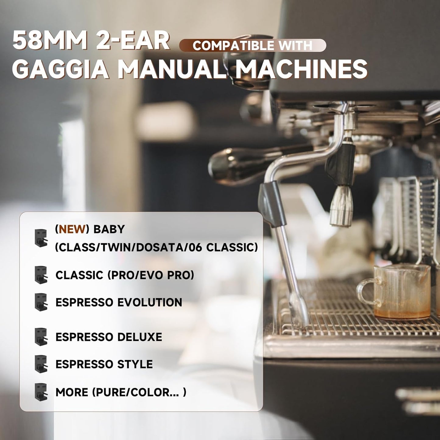 58mm Bottomless Portafilter with Double Shot Filter Basket & Wood Handle for Gaggia Classic, Espresso Pure, Color, Dose, Evolution, Baby Twin and More Semi-Automatic Espresso Machine