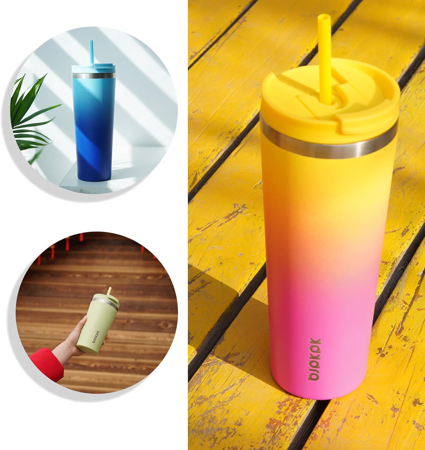 BJPKPK 22oz Stainless Steel Insulated Tumbler With lid And Straw Travel Coffee Thermal Tumblers Cup For Women And Men,Pink Yellow Rose