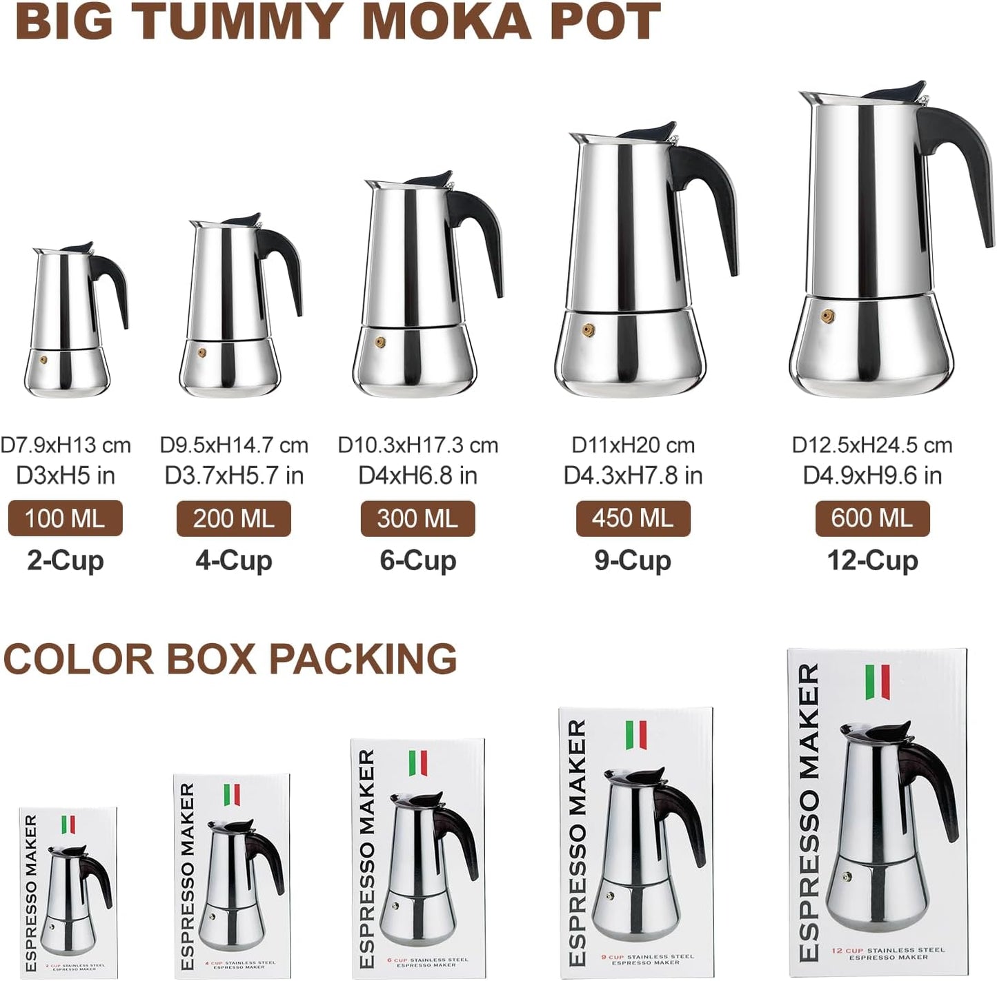 9 Cup Stovetop Espresso Maker Stainless Steel Moka Pot Stove Top Percolator Italian Coffee Makers Capable Mocha Greca Machine Cafe Classic Induction Cookers for Home and Camping 450ml 15oz