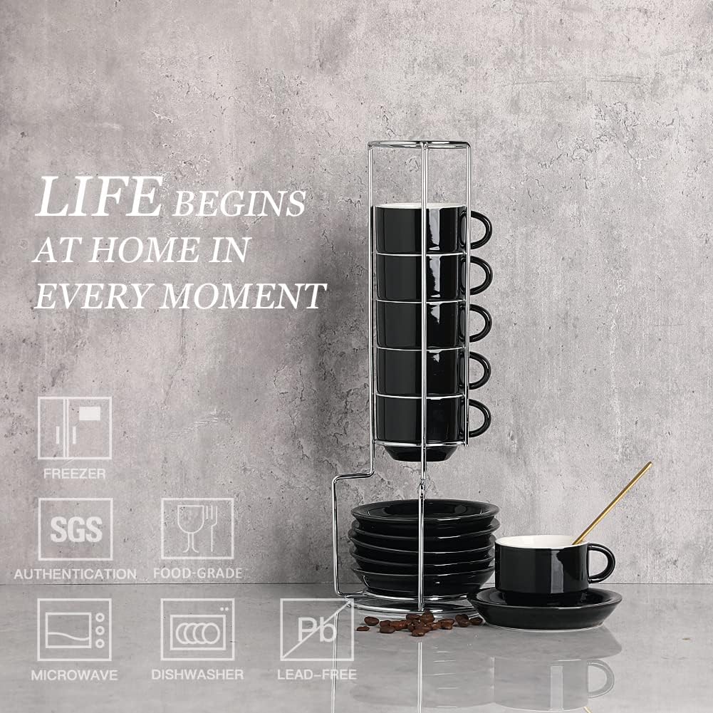 Sweejar Porcelain Espresso Cup & Saucer Set, Stackable Demitasse Cups with Metal Stand, 2.5 OZ for Latte,Coffee,Cafe Mocha,Tea, Set of 6 (Black)