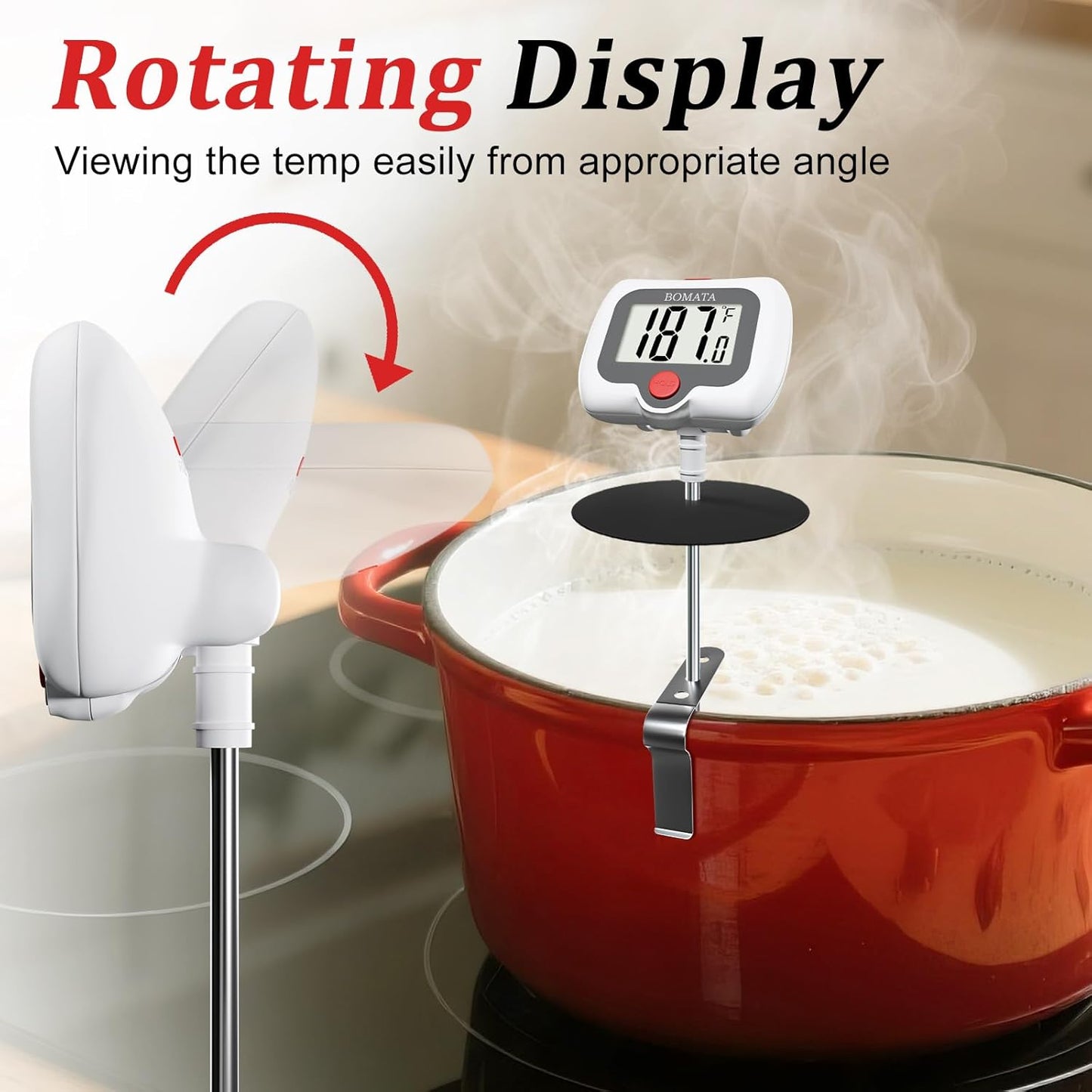 BOMATA Candy Thermometer with Pot Clip, Instant Read Cooking Thermometer with 8" Long Probe, Rotating Display, for Candy Making, Food, Candle Making, Liquids, Water, Baking, Sugar, Grilling. White