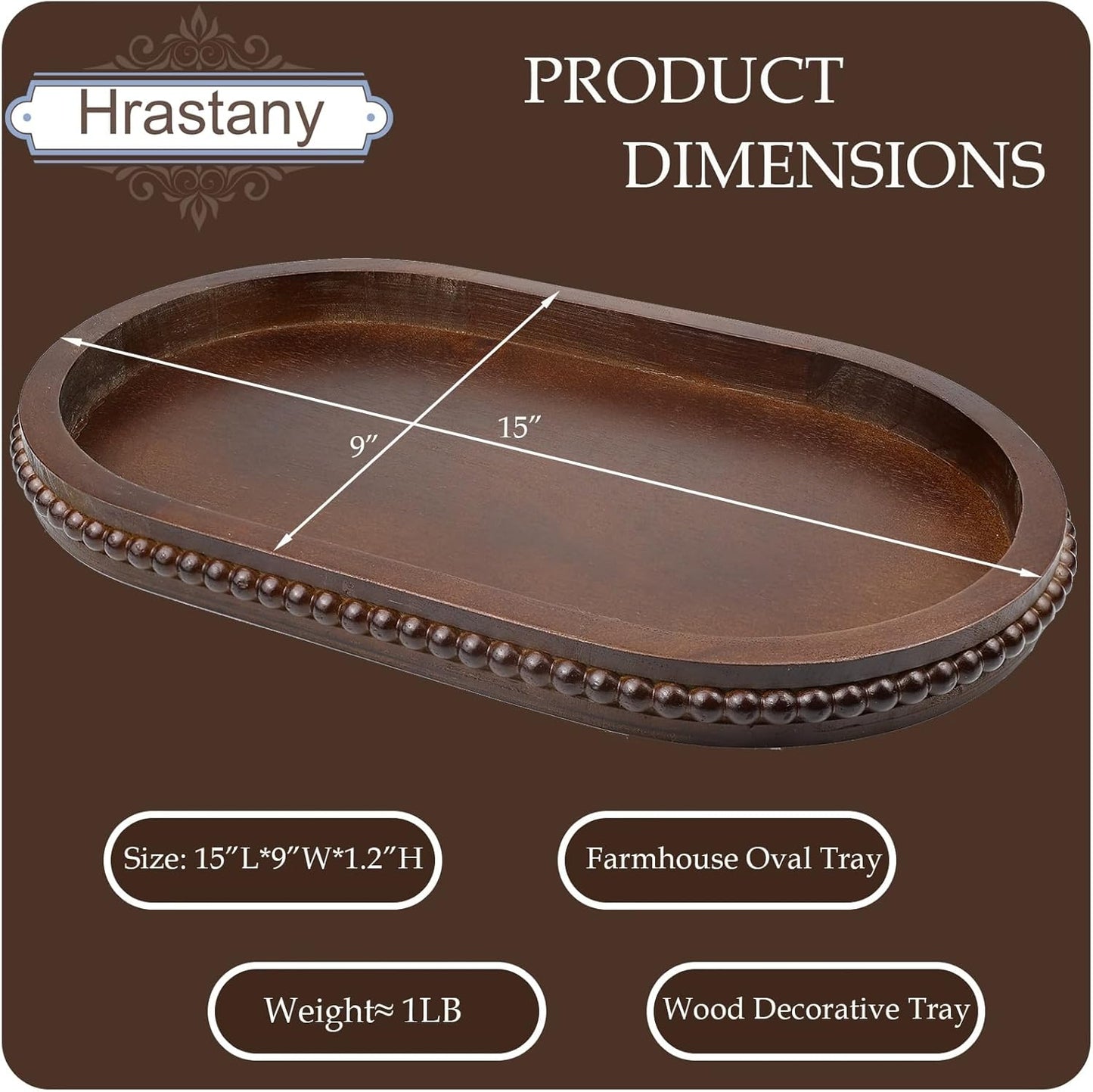 Oval Wood Decorative Tray with Wooden Beads, Vintage Serving Platter Tray for Ottoman, Coffee Table, Entertaining, Kitchen Counter Organizer, Home Decor (Retro Brown)