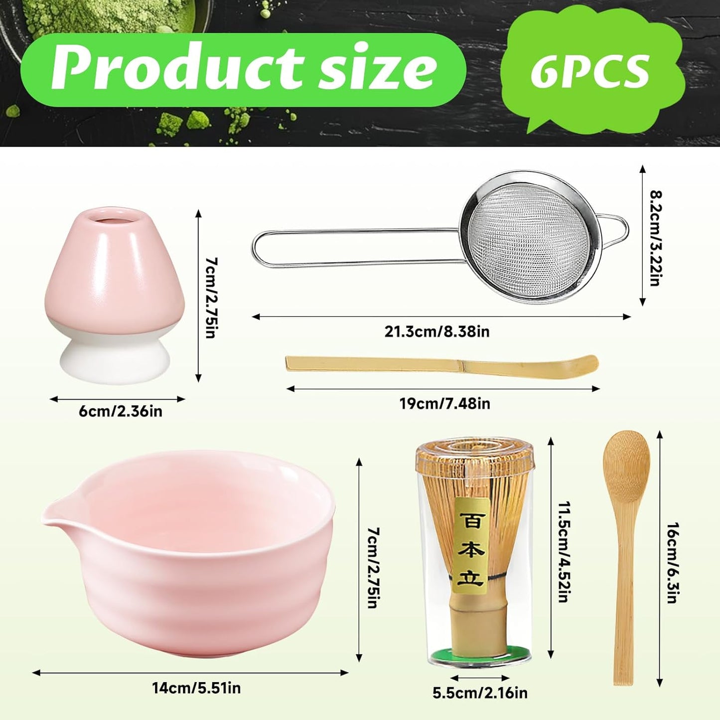 Matcha Set, 6 Pcs Matcha Whisk Set with 20 oz Bowl, Bamboo Whisk for Matcha Tea, Matcha Bowl, Ceramic Matcha whisk Holder, Stainless Sifter and Scoop - Gift for matcha kit Lovers（Pink）