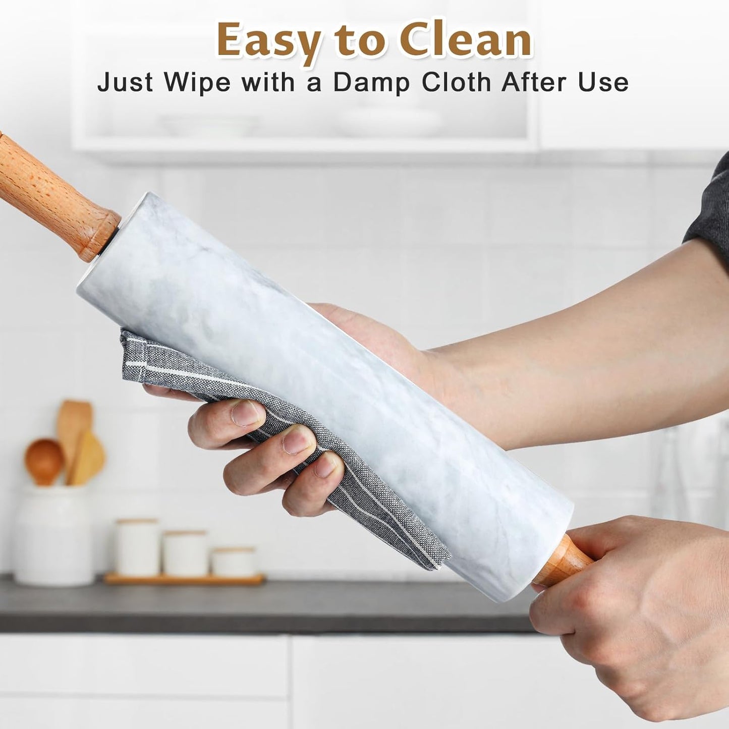 Marble Rolling Pin - 18.9" Marble Rolling Pins for Baking, Pastry, Pizza Dough & More - Polished Non-Stick Surface, Long Dough Roller with Wooden Handles & Base