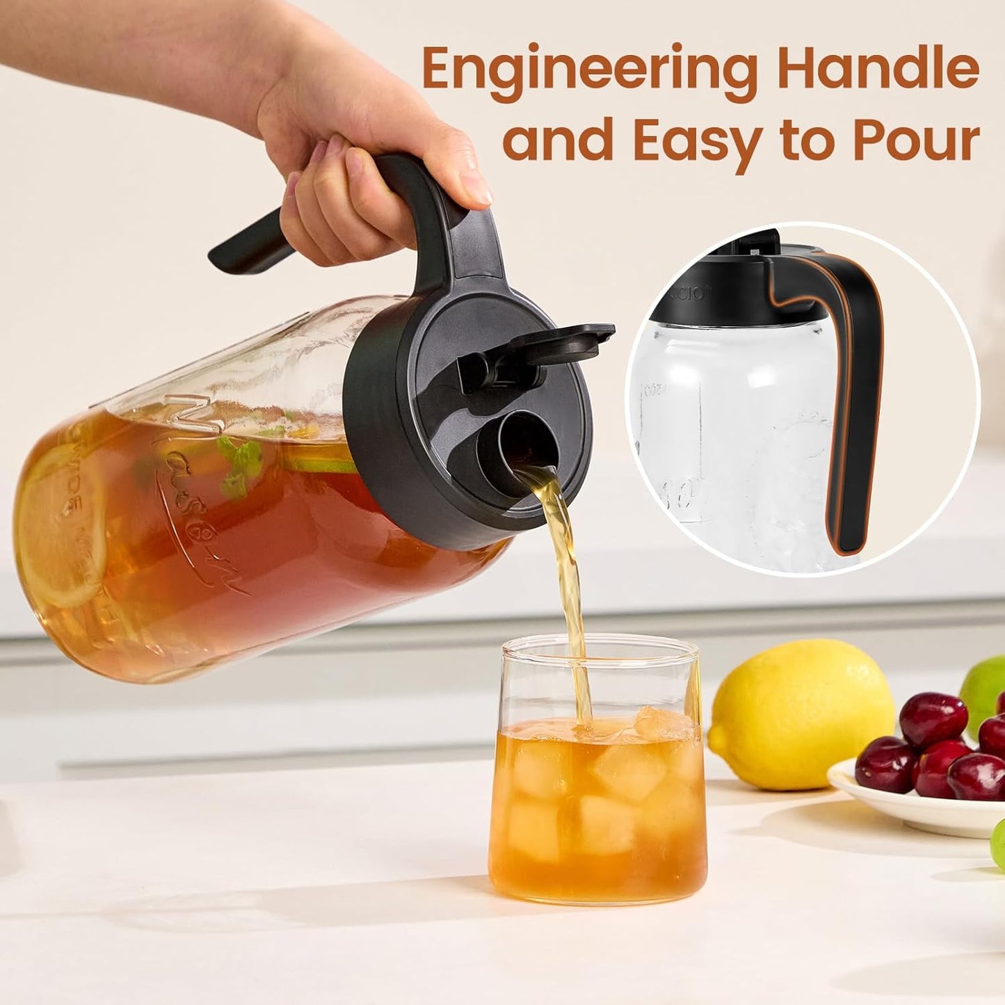 Mason Jar Pitcher with Tea Filter, Airtight & Leakproof Glass Pitcher with Lid, 64 oz Sun Tea Glass Jar for Outside, Perfect for Sun Tea, Lemonade, and iced Tea