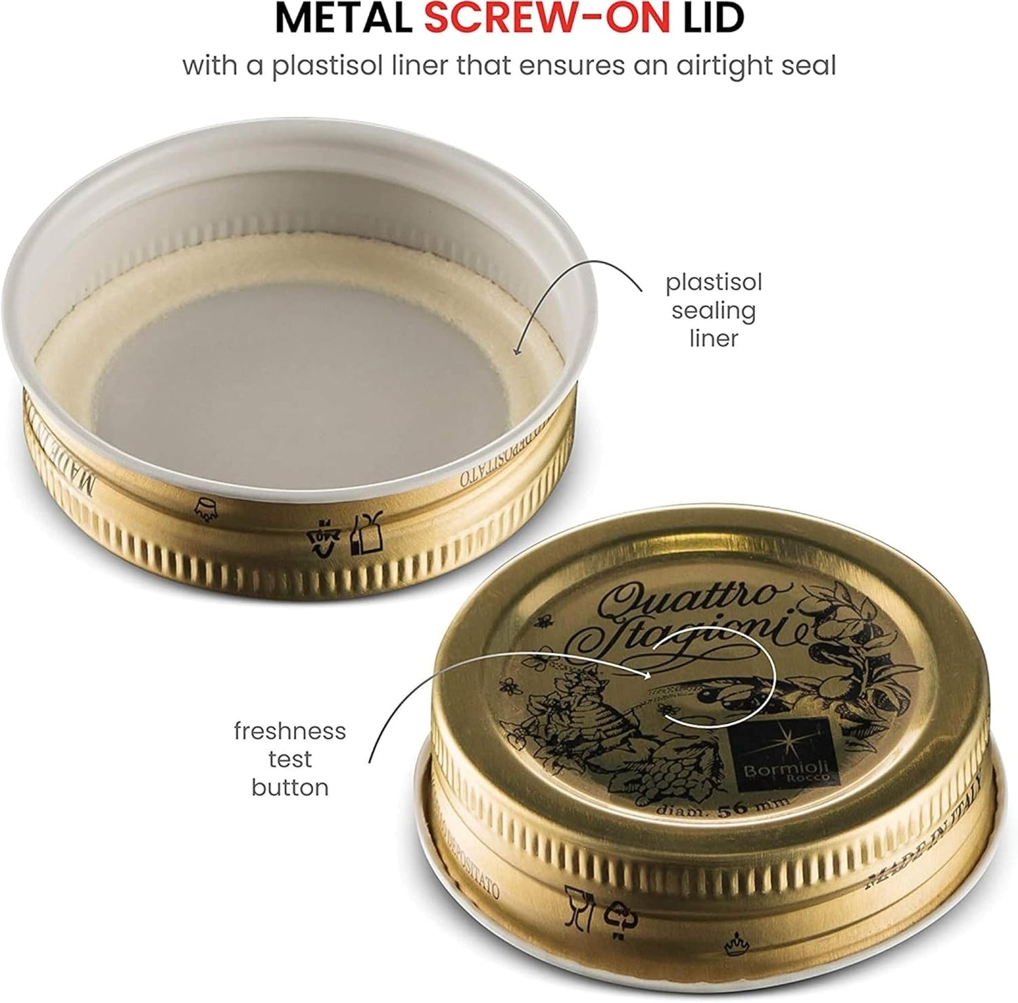 Bormioli Rocco Quattro Stagioni Glass Jars (Set of 6) - 9.25 Oz Stackable Storage Jars with Wide Mouth & Aluminum Lids - Glass Containers for Preserving, Serving, Organizing - Made in Italy