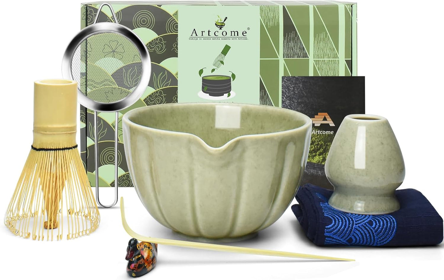 Artcome 7 Pcs Japanese Matcha Tea Set - Matcha Bowl with Pouring Spout, Matcha Whisk, Tea Scoop, Whisk Holder, Handmade Matcha Ceremony Kit For Japanese Tea Ceremony, Mottled Green