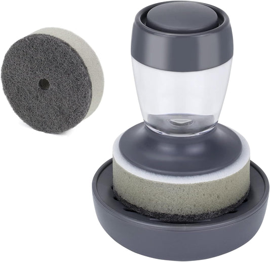 Dish Brush with Soap Dispenser, Kitchen Scrub Brush for Dishes Pots Pans Sink Cleaning, Scrub Sponge Dish Scrubber with Holder Set (Grey Handle & Scrub Sponge)