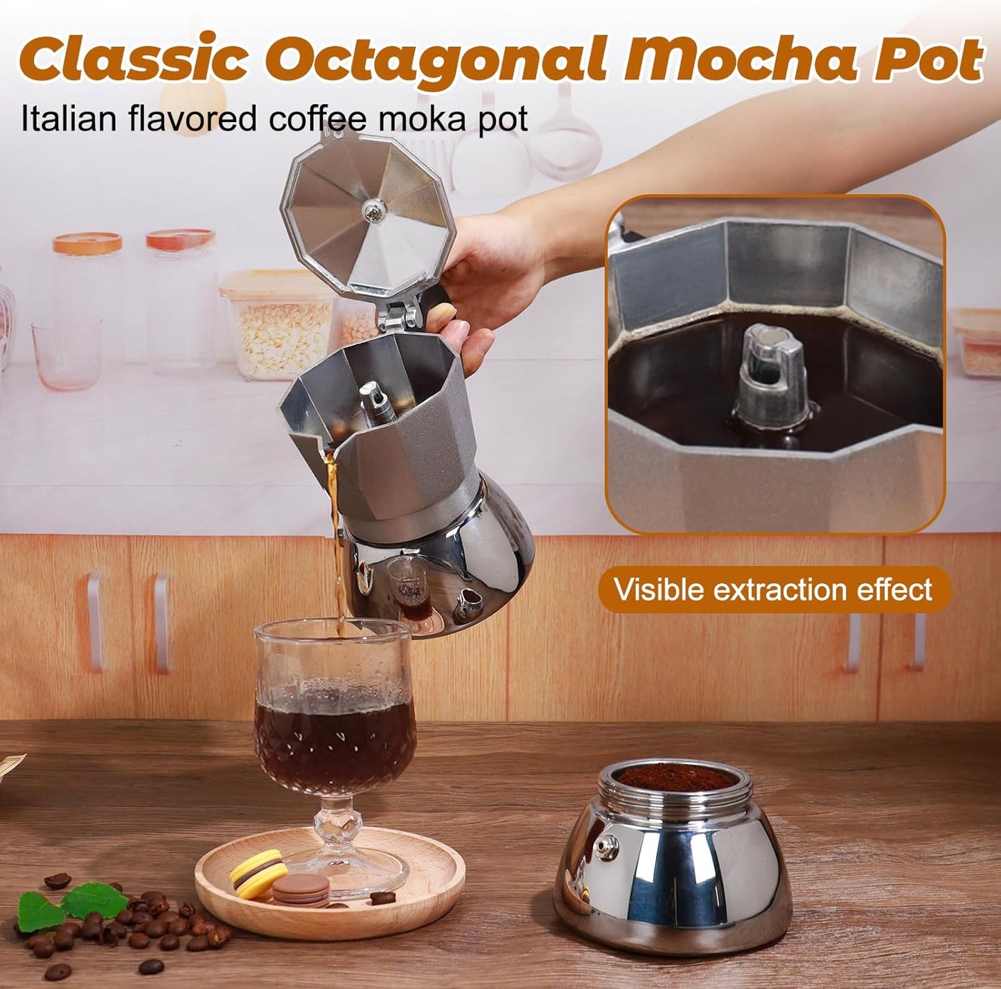 No Coating 4 Cup Aluminum and Stainless Steel Moka Pot Stovetop Espresso Maker Italian Coffee Machine 220ml 7.44oz Suitable for Gas Induction Stovetop Greca Coffee Maker Percolator Silver