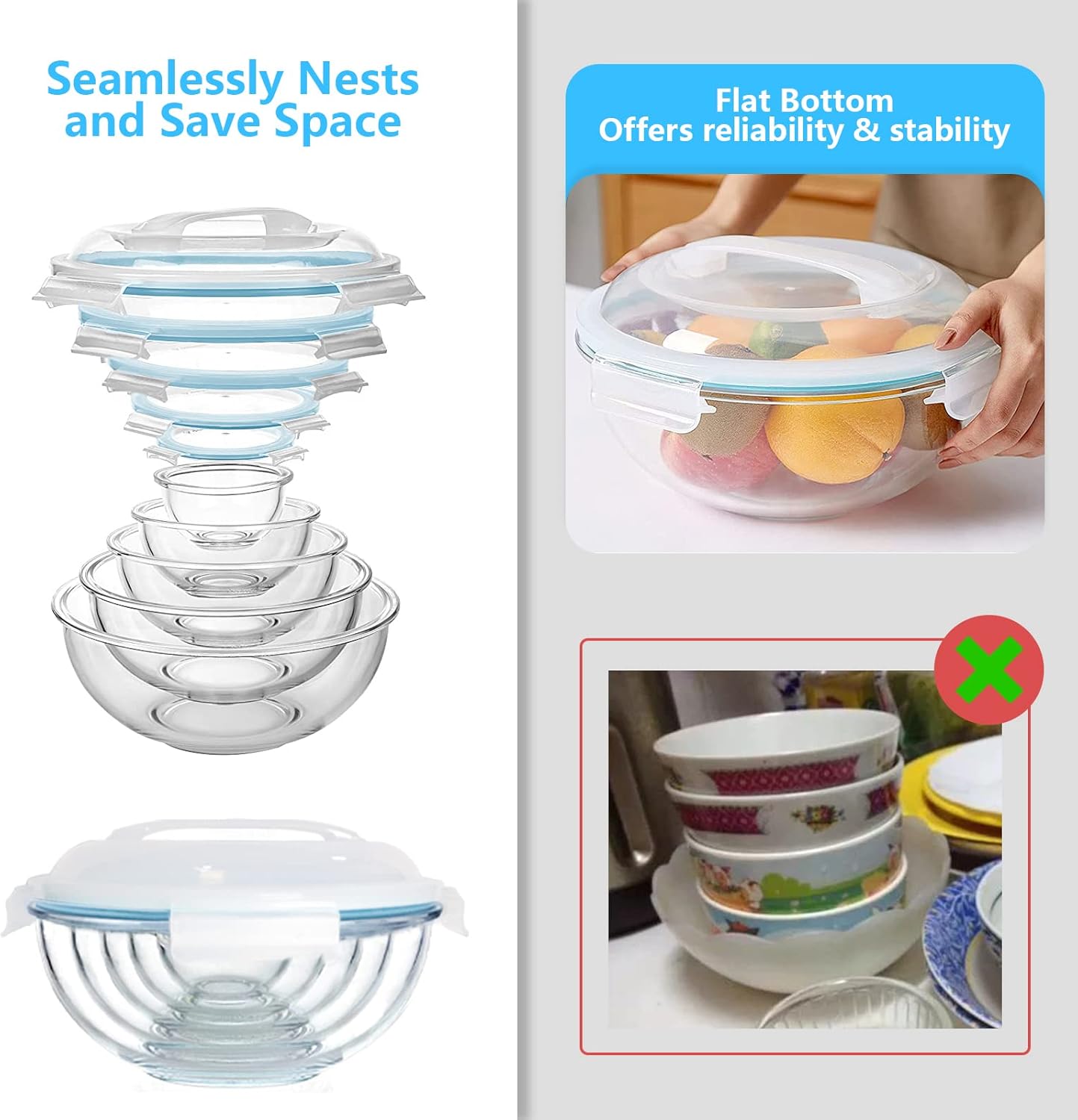 WhiteRhino Glass Mixing Bowl with Lids Set of 5, 0.2, 0.5, 1.1, 2.1, 3.75 QT, Large Salad Bowls with BPA-Free Lids, Space-Saving Nesting Bowls for Kitchen Food Storage, Glass bowl for Cooking, Baking