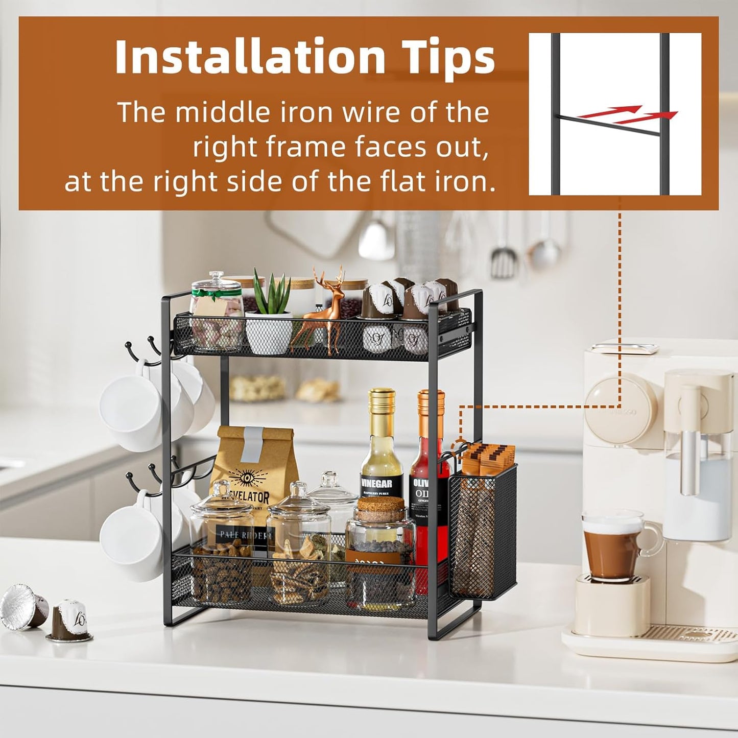 VITVITI Coffee Bar Organizer with Mug Holder, Metal Coffee Station Organizer for Countertop, 2 Tier Cup Mug Holders Rack with Basket for Kitchen Office, Black