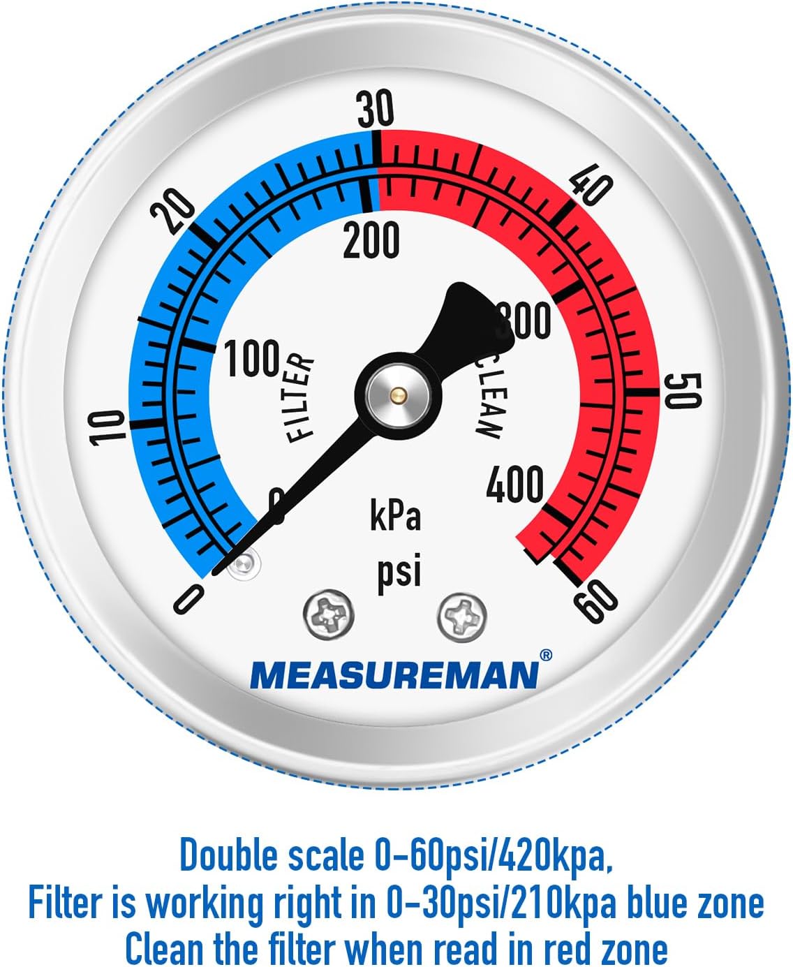 MEASUREMAN 2" Dial Size, Liquid Filled Pool Filter Pressure Gauge, 304 Stainless Steel Case, 0-60psi/420kpa,1/4" NPT Center Back Mount