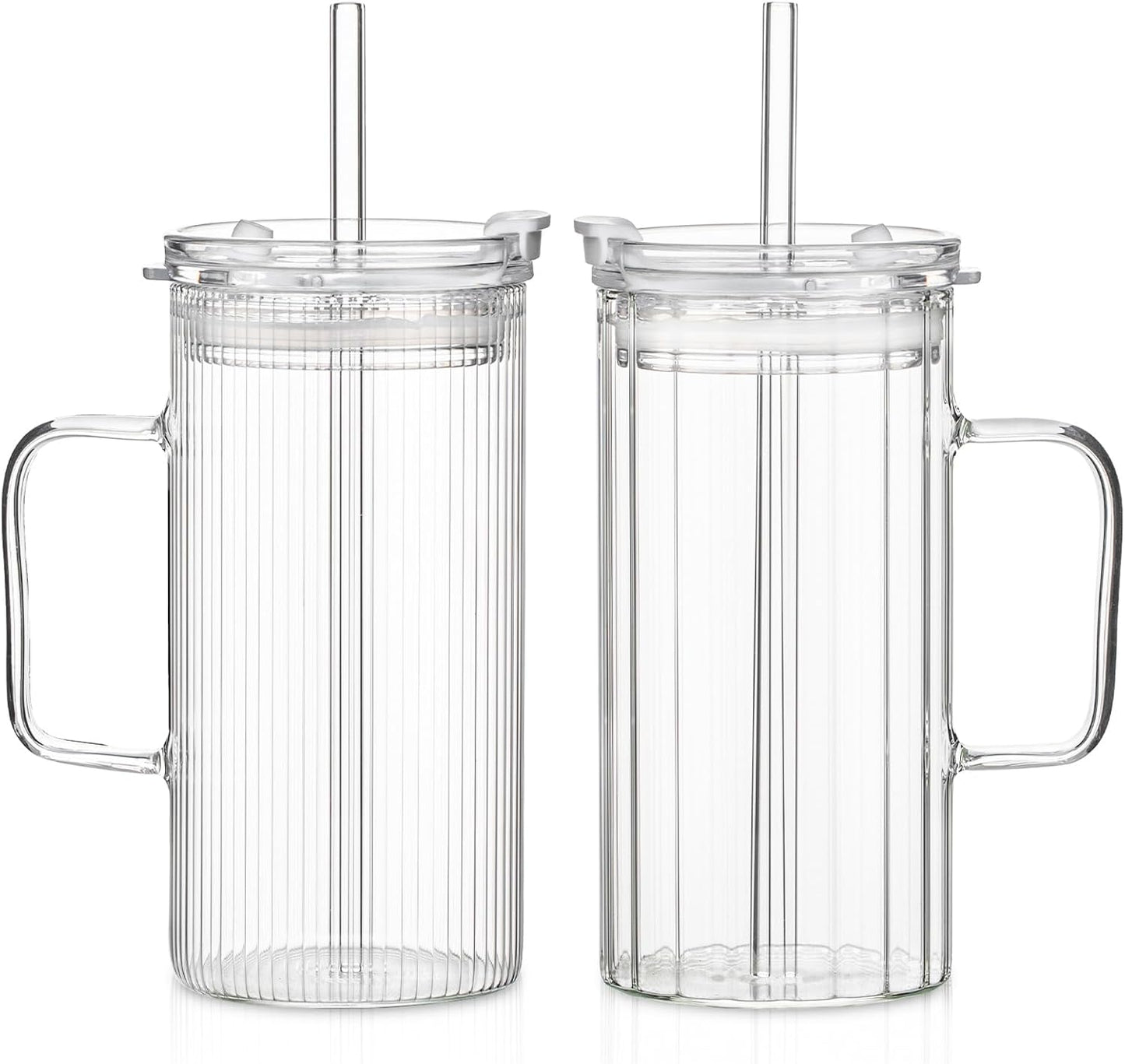 KEMORELA 2PCS Glass Tumbler with Lid and Straw - 24oz Ribbed Drinking Cups with Straw & Lid, Iced Coffee Cups - Reusable Glass Tumblers for Tea, Juice, Bubble Tea