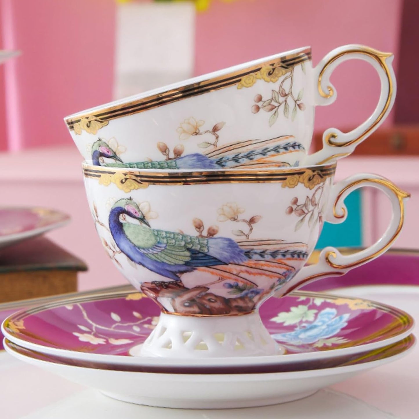 ACMLIFE Bone China Tea Cup and Saucer Set - Bone China Tea Coffee Cup and Saucer Set for 1 Luxury Fine China Tea Cup Set for One Blue Vintage Teacups and Saucers for Women Tea Party or Gift Giving