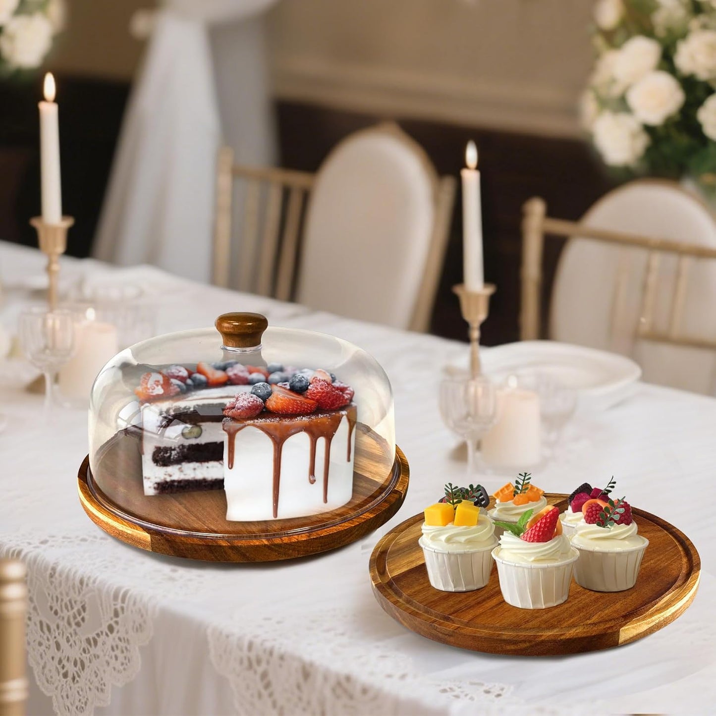 Rotating-Wood-Cake-Stand With Acrylic Dome Lid, Round Wooden Cake Holder Plate With Cover, 2-in-1 Dessert Table Display Set For Party, Charcuterie Board For Cheese, Chips & Dips, Nachos, Fruit Platter