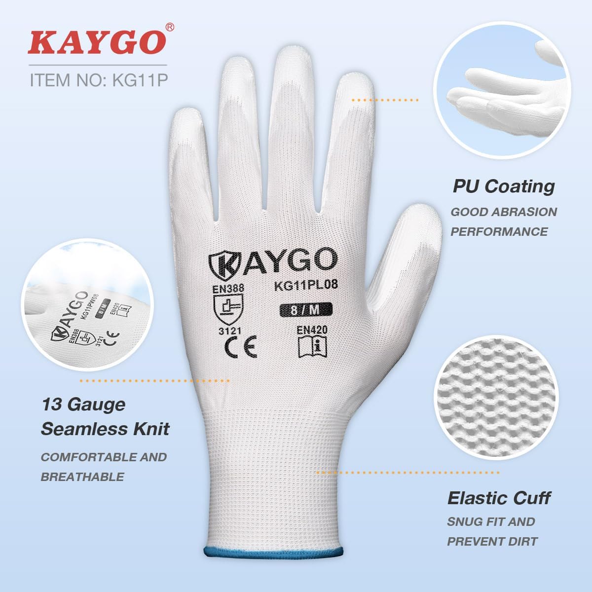 KAYGO Safety Work Gloves PU Coated-12 Pairs, KG11PB, Seamless Knit Glove with Polyurethane Coated Smooth Grip on Palm & Fingers, for Men and Women, Ideal for General Duty Work (XX-Large, White)