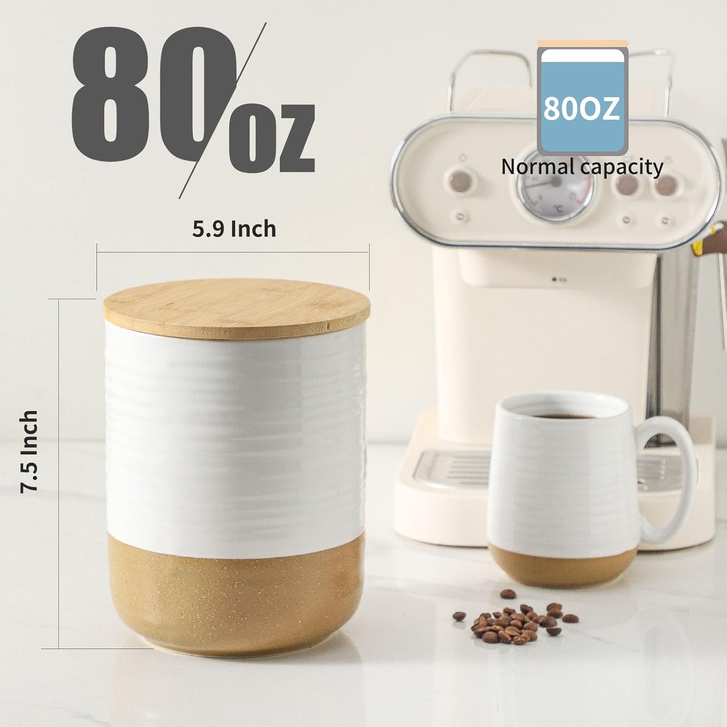 Hasense 80oz White Ceramic Food Storage Jar with Bamboo Lid – 7.5 Inch Minimalist Kitchen Canister for Pantry, Dry Goods, Sugar, Tea, Flour – Airtight Wide Mouth Container with Natural Base