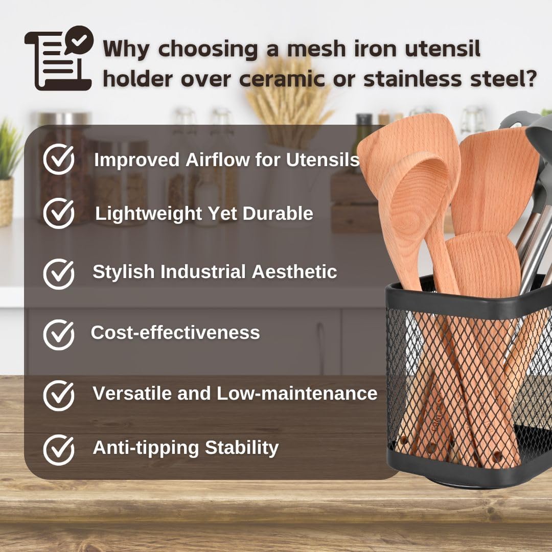 IBERG Rotating Utensil Holder & Coffee Pod Basket - 360° Spinning Base Mesh Metal Organizer for Kitchen Tools (Black Square)