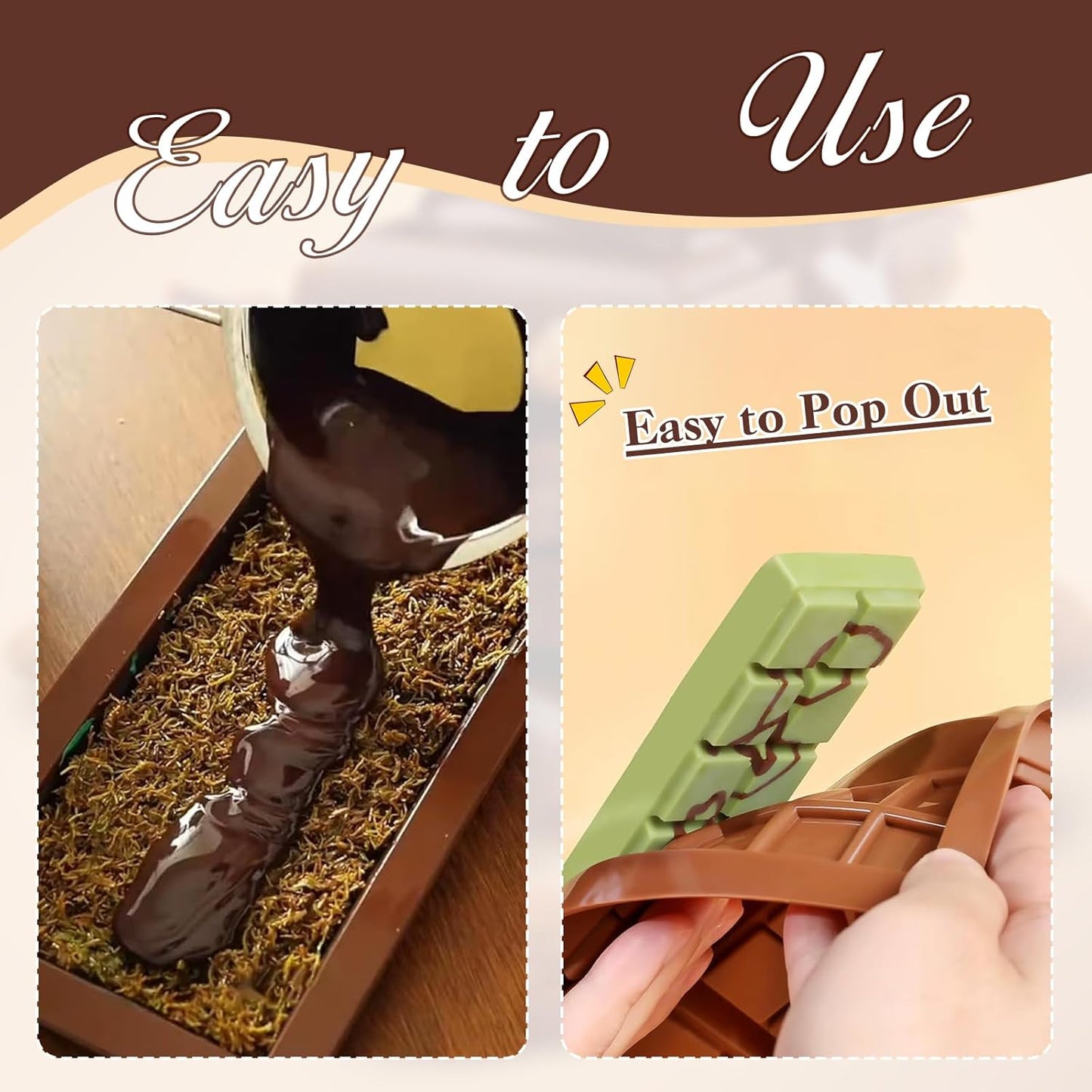 Chocolate Bar Mold 2 Pack, Non-Stick Deep Dubai Chocolate Bar Molds, Silicone, Rectangular Prism, Chocolate Color