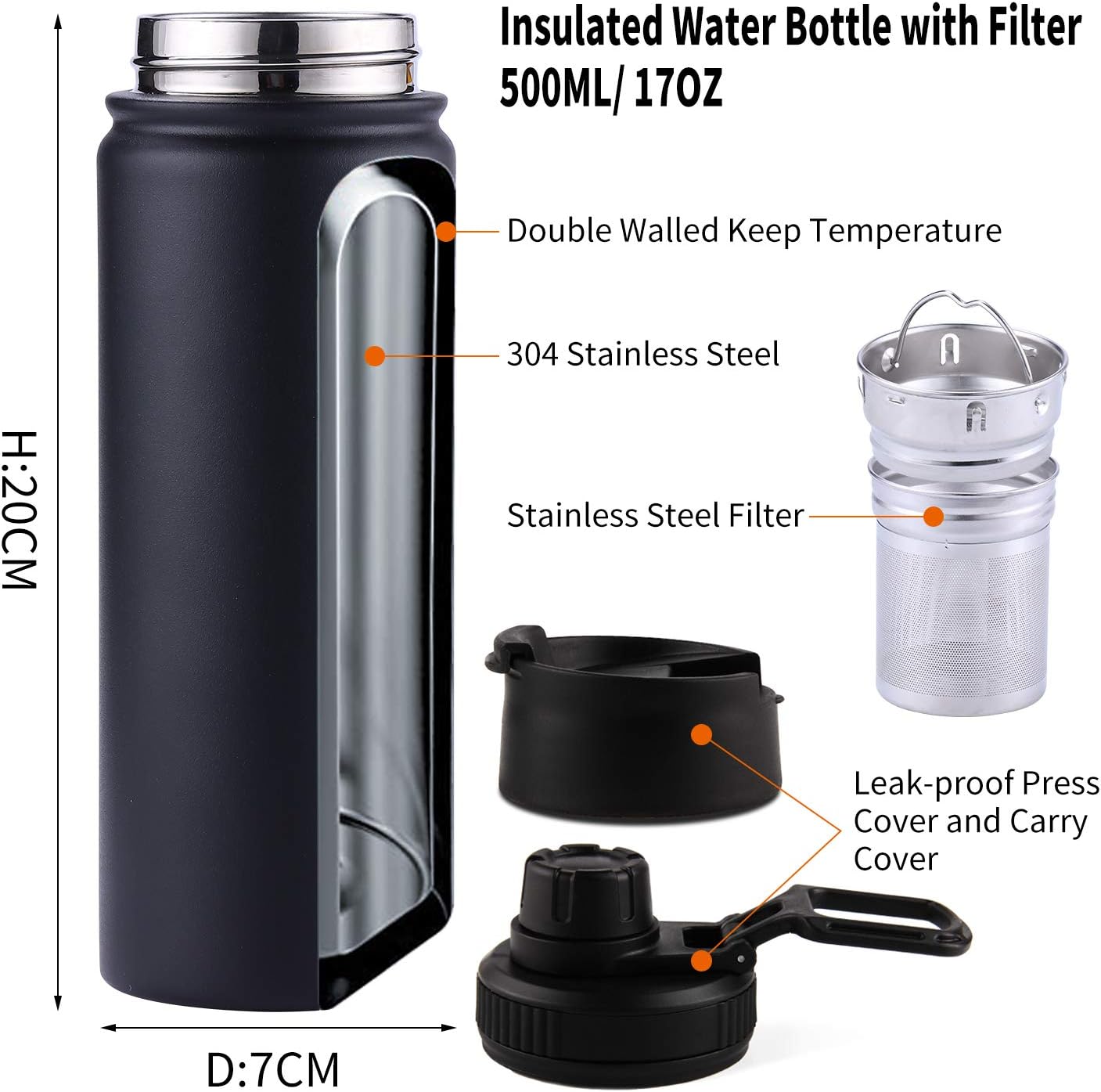 Tea Infuser Bottle With Removable Loose Leaf Tea Strainer Cup 18/8 Stainless Steel Insulated Travel Tea Tumbler Black