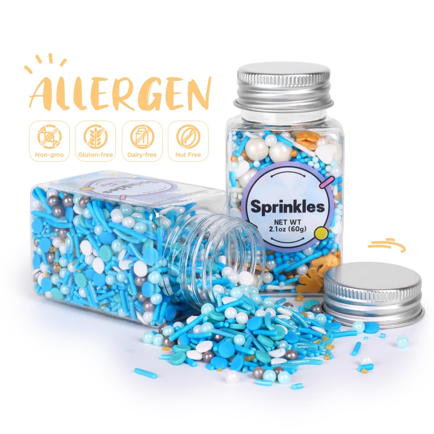 Edible Blue Sprinkles Mix, Blue Confetti Jimmy Sprinkles, Gold Sanding Sugar, Pearl Sprinkles, Gold Crown Sprinkles for Cake Decorating, Cupcakes, Cookies, and Ice Cream Toppings. (120g/4.2oz)