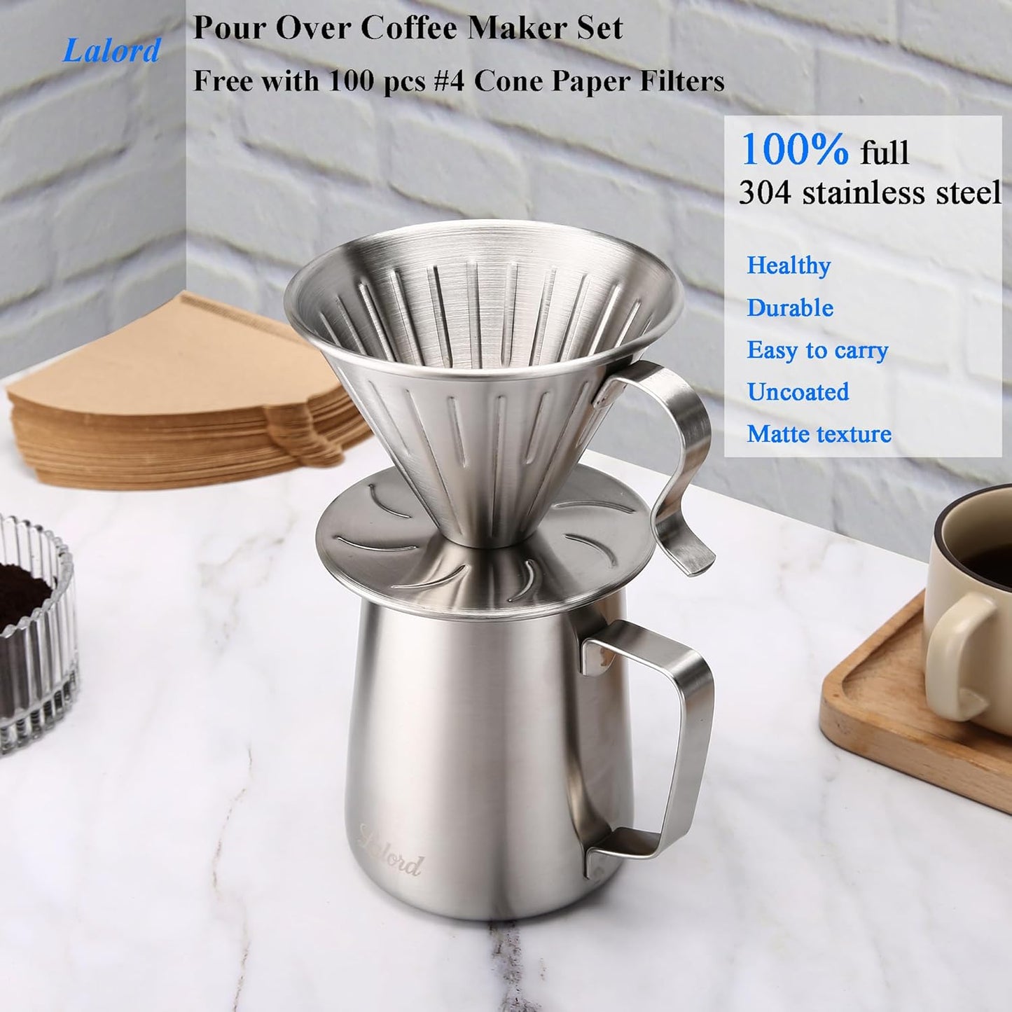 Pour Over Coffee Maker, 304 Stainless Steel wIth 100 pcs Size 02 Cone Paper Filters & 600ml Milk Frothing Pitcher, for Home & Camping