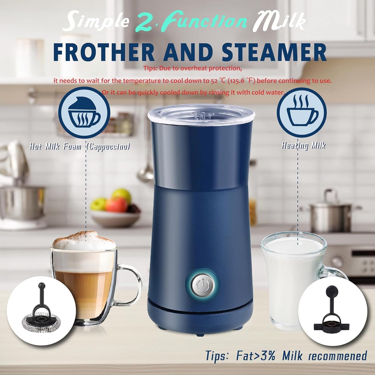 Huogary Milk Forther Simple Milk Frother and Steamer 2-in-1 Milk Steamer with Hot Milk Foam and Hot Milk for Latte, Macchiato, Cappuccinos (blue), medium