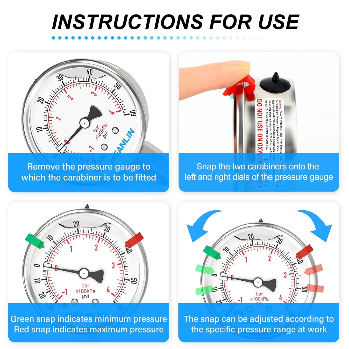 MEANLIN MEASURE -30inHG~60Psi Vacuum Pressure Gauge 316 Stainless Steel Joint 1/4"NPT 2.5"FACE DIAL, Liquid Filled Pressure Gauge WOG Water Oil Air Lower Mount with Stainless Steel Hex Bushing, Snaps