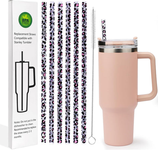 AIERSA 6 Pack Leopard Straw Replacement 40oz for Stanley,Plastic Reusable Straw for Stanley Adventure Quencher Travel Tumbler,Long Straws with Cleaning Brush for Stanley Cup Accessories