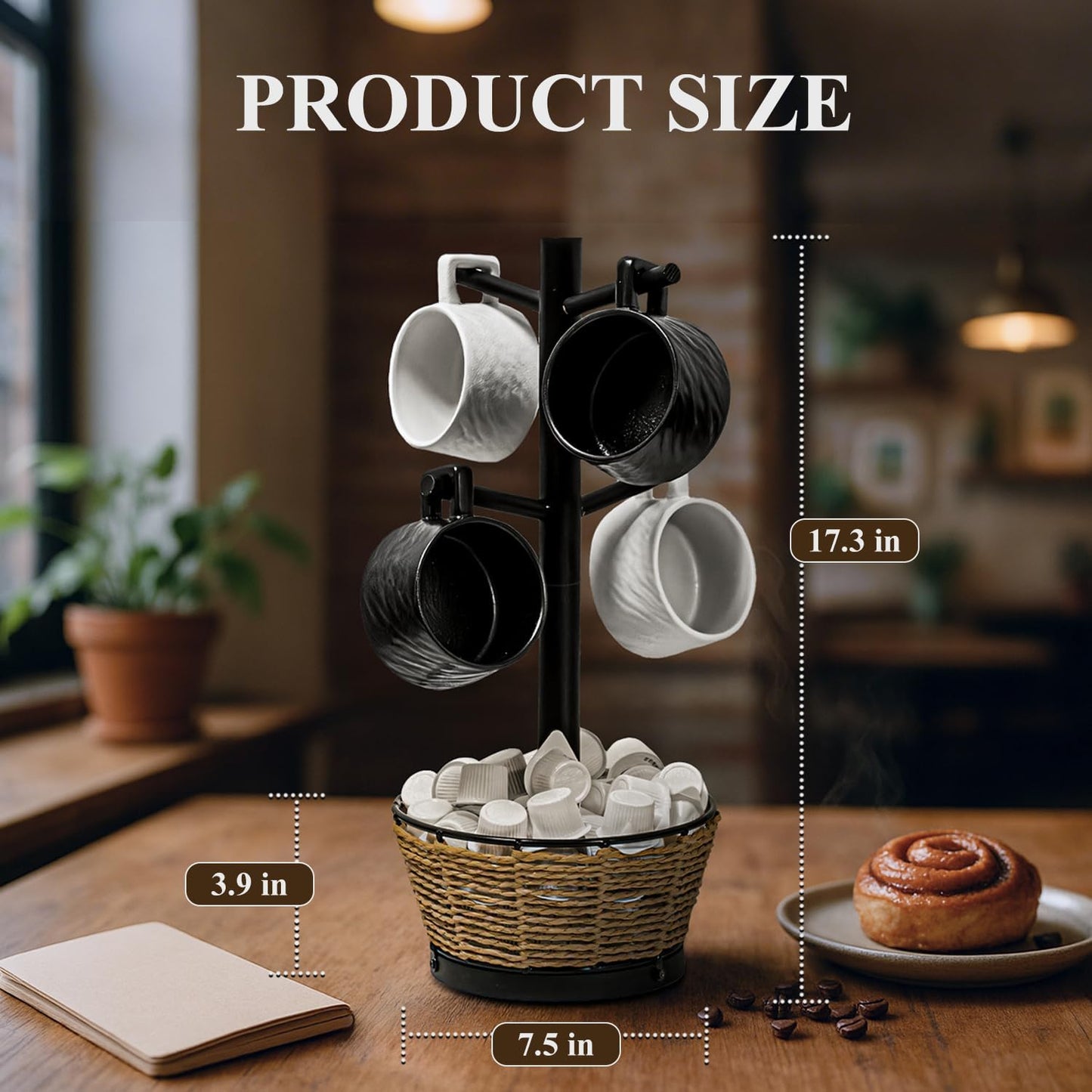 Wood Mug Holder Tree With Woven Basket, 4 Hooks Coffee Mug Holder, Countertop Mug Tree For Kitchen Counter Cabinet Coffee Bar Accessories Cup Display Organizer Hanger(Black)