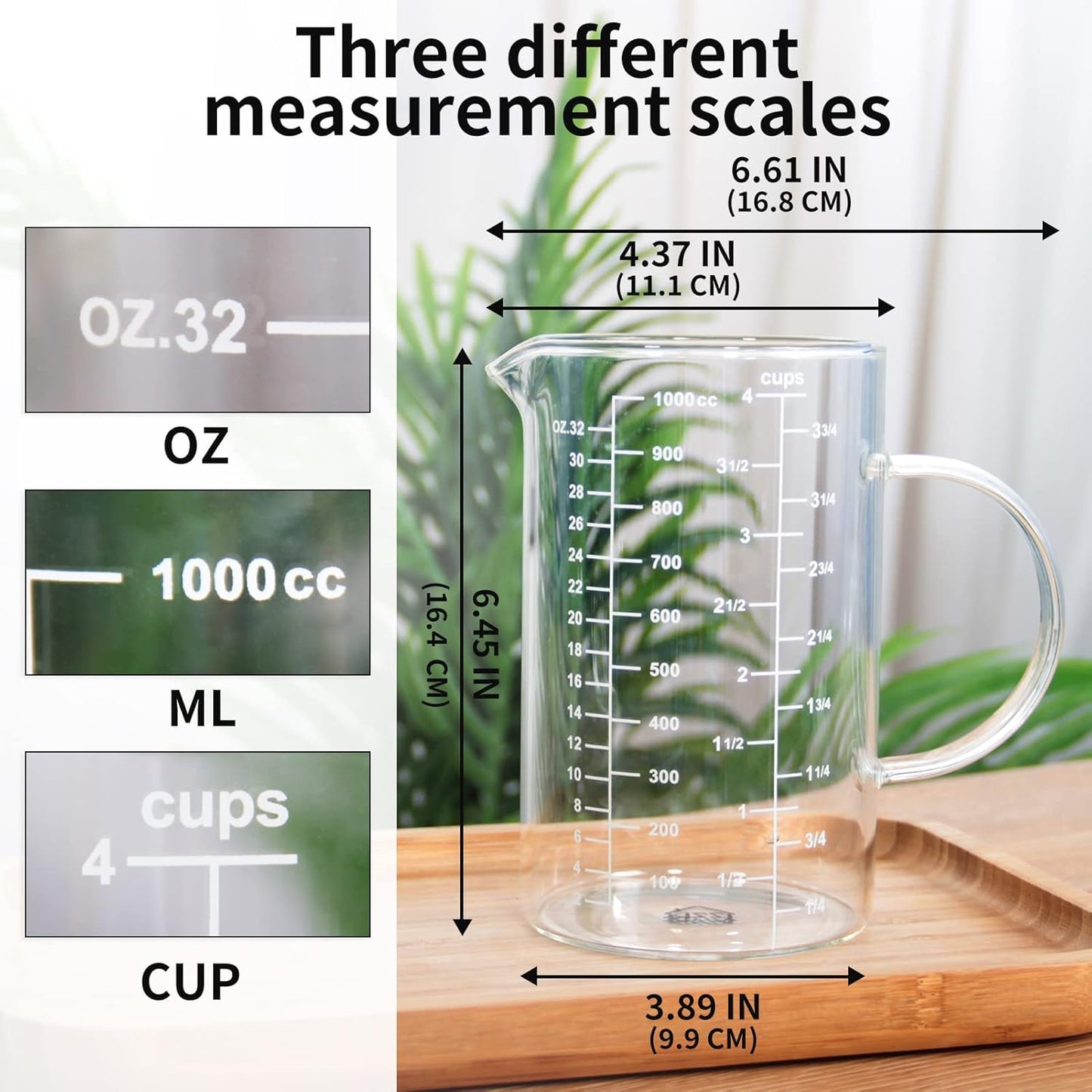 77L Glass Measuring Cup, [Insulated handle, V-Shaped Spout], High Borosilicate Glass Measuring Cup for Kitchen or Restaurant, Easy To Read, 1000 ML (1 Liter, 4 Cup)
