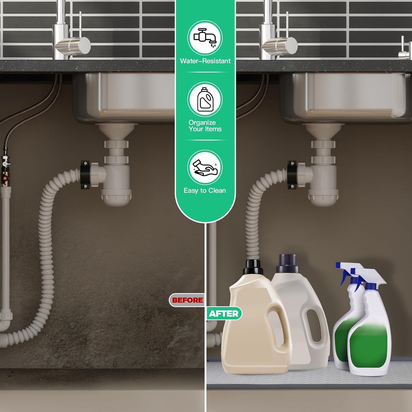 TRZZ Silicone Waterproof Under Sink Mat 34" x 22", Drip Tray and Cabinet Liner for Kitchen and Bathroom, Prevents Water Damage and Organizes Cabinets (Grey)