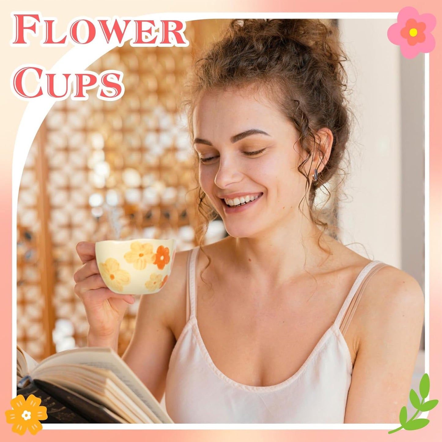 Ceramic Coffee Mug Vintage Flower Mugs 8 oz Cute Floral Coffee Mugs Irregular Latte Art Cup Lead-free Porcelain Cups for Cappuccino, Cocoa (Orange Flowers)
