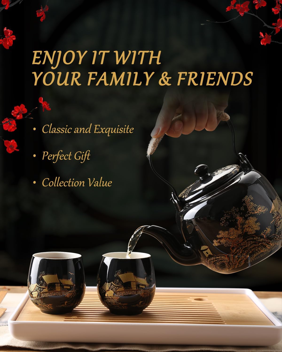Dujust Japanese Tea Set, Black Porcelain Tea Set with 1 Teapot Set, 6 Tea Cups, 1 Tea Tray, 1 Stainless Infuser, Beautiful Asian Tea Sets for Adults, Tea Lover/Women/Men (Countryside in Golden)