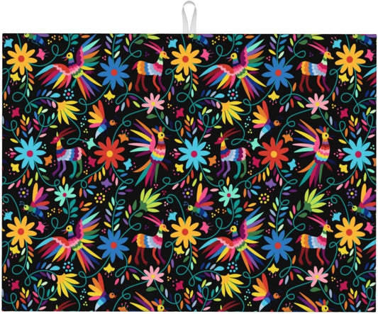 Mexican Colorful Bird and Floral Abstract Dish Drying Mats for Kitchen Counter, 18x24 inch Absorbent Decorative Microfiber Drying Pad, Anti-Slip & Absorption for Sink Small Appliances, Home Decor