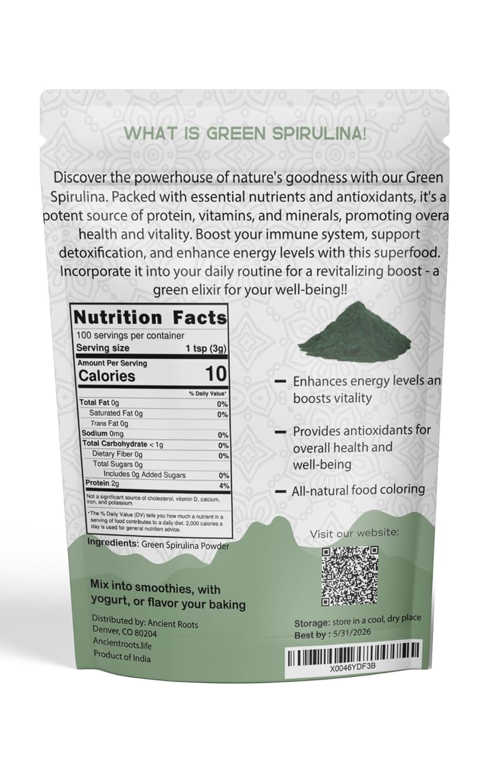 Ancient Roots Green Spirulina Powder - Freeze-Dried, All-Natural, No Sugar Added, Mix with Smoothies, Natural Food Coloring, Resealable Pouch - 10.5 Ounces (75 Servings)